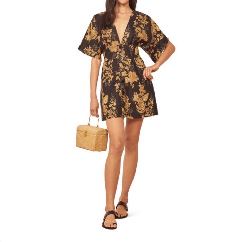 Reformation Ty Plunge V Neck Kimono Sleeve Floral Linen Mini Dress Multi Sz-4